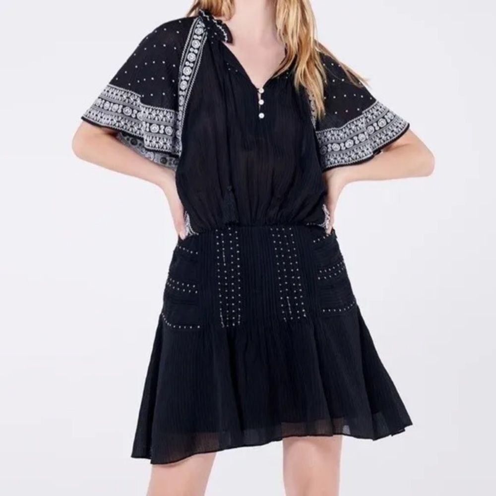 Veronica Beard Black Minos Embroidered Flutter-Sleeve Short Dress Size 8